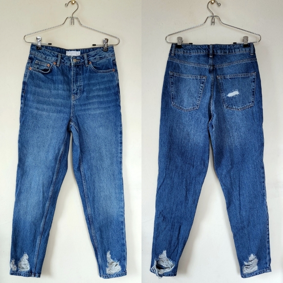 Topshop "Mom" Distressed Hem High Rise Straight Leg Blue Jeans | Women's Size 28 - Picture 5 of 14